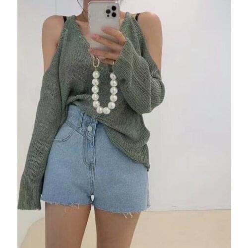 Women Off Shoulder Backless Street Knit Sweaters Lady Loose Casual Pullover Sweater Autumn Black White Khaki Korean Fashion