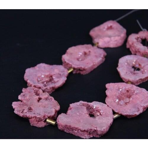 15.5"/strand Large Pink Raw Quartz Geode Druzy Freeform Slab Nugget Beads,Natural Roug Crystal Drusy Slice Pendant Jewelry
