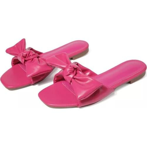 2020 Top-selling Women Sandals Plus Size Butterfly Bow Slippers Summer Flat Leather Shoes Big Flower Design Hot Pink Slippers