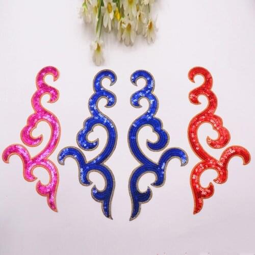 Sequined Flower Appliqued Iron On Floral Patches Mirror Pair Embroidered Petals Pink Blue 12cm*30cm