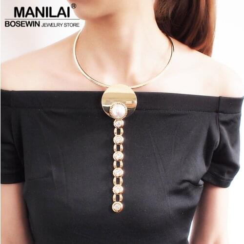 MANILAI Imitation Pearl Torques Choker Necklaces For Women Punk Alloy Rhinestone Statement Pendant Necklace Jewelry