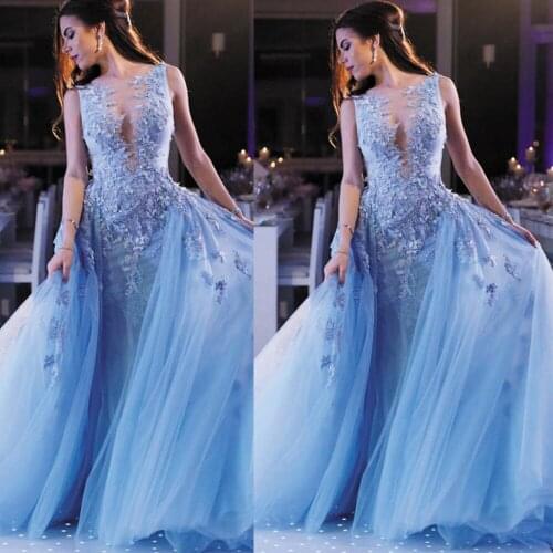 Light blue prom dresses 2021 crew neckline lace appliques beading sequins detachable skirt tulle long blue evening dresses