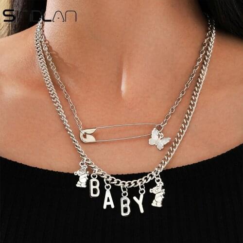 Double Layer Punk Silver Color Butterfly Pendant Necklace for Women Hip Pop Bear Set Letter Baby Pin Young Girl Fashion Jewelry