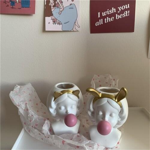 INS Style Bubble Girl Resin Vase Pen Case Brush Pot Decorative Crafts Statue Figurine Home Desktop Decoration Art Gift