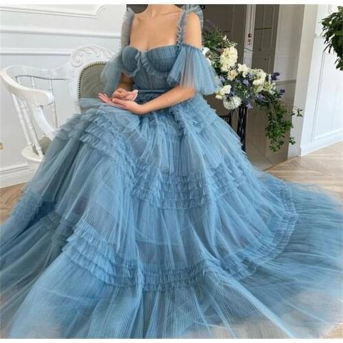 LORIE 2021 Blue Ruffles Long Evening Dresses Sleeveless Spaghetti Sweetheart Off Shoulder Tulle Tiered Prom Party Dress