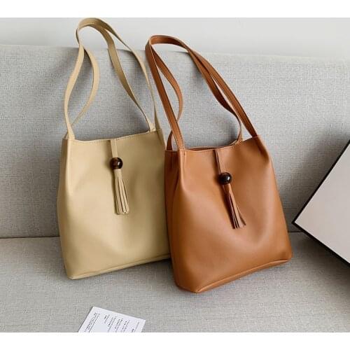 Fashion Women Shoulder Bags Stylish Pure Color PU Leather Tassel Bucket Tote Elegant Female Casual Shoulder Handbag