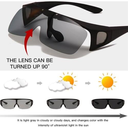Fashion Square Flip Up Polarized Sunglasses Men Photochromic Side Shield Driving Goggle Male Outdoor Sport Glasses Cover Oculos