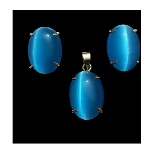 Set of earrings and pendant with genuine blue opal jade gold plated