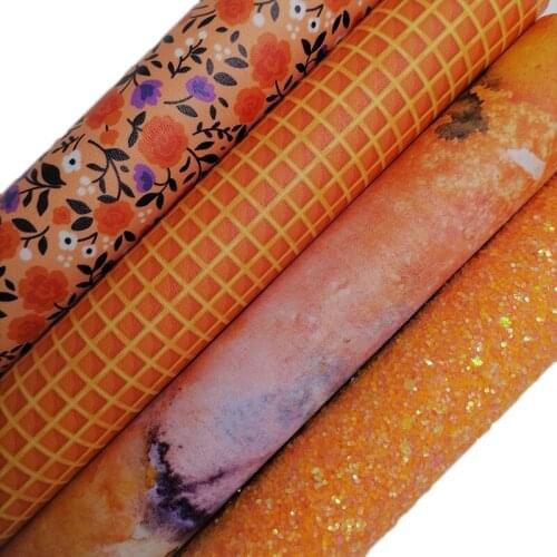 Orange Glitter leather, Flowers Waffles Printed synthetic leather, Gradual Glitter Faux Leather Sheets For Bow DIY 21x29CM KM698