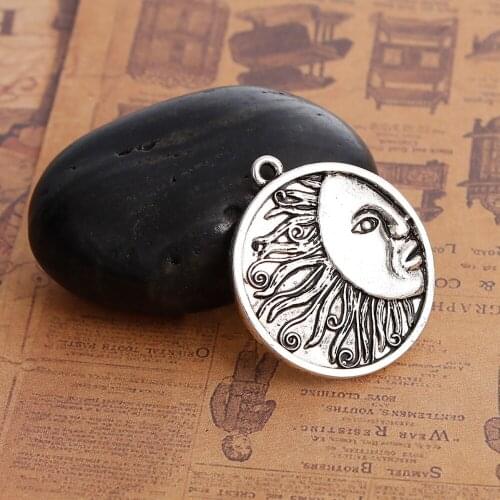 DoreenBeads Zinc Based Alloy Boho Chic Pendants Round Silver Color Sun Face DIY Components 33mm(1 2/8") x 30mm(1 1/8"), 2 PCs