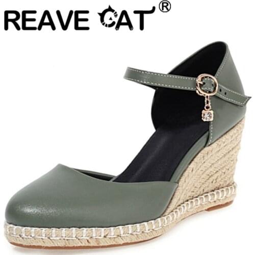 REAVE CAT 2021 Crystal Mary Janes Pumps Cover Heel Ankle Buckle Strap Rattan Wedges Round Toe 7.5cm Size 30-44 Green Beige A4168