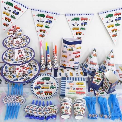 Engineering Vehicle Theme Disposable Cutlery Kids Party Supplies Cartoons Car Decoration For Birthday Girl Kids Party Cake Stand