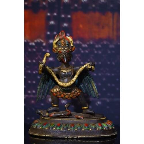 7" Tibetan Buddhist temple old copper hand-engraved and painted Dapeng golden-winged bird statue, ward off evil spirits