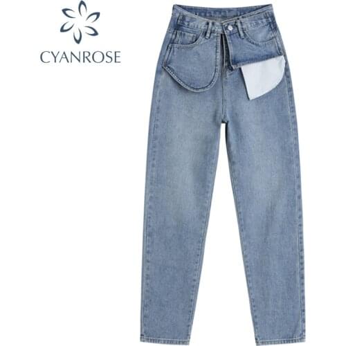 Vintage Straight High Waist Jeans Women Korean Style 2020 Autumn Casual Blue Washed Streetwear Boyfriend Denim Pants Trousers
