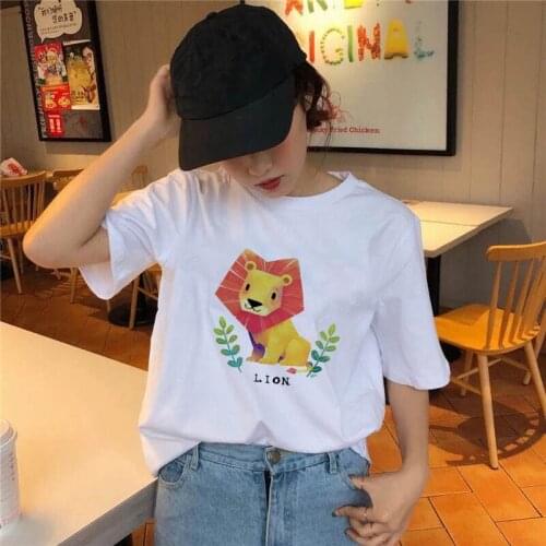 Oversize Women Tshirts Cartoon T Shirt Graphic Animal Lion Print Summer Short Sleeve Female Clothing Aesthetic Tees T-Shirts