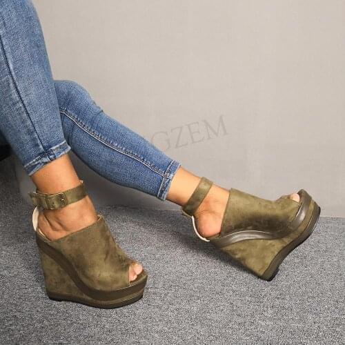 BERZIMER Women Heels Peep Toe Platform Wedge Height Increasing Pumps Ladies Sandals Zapatos Shoes Woman Big Size 44 46 47 52