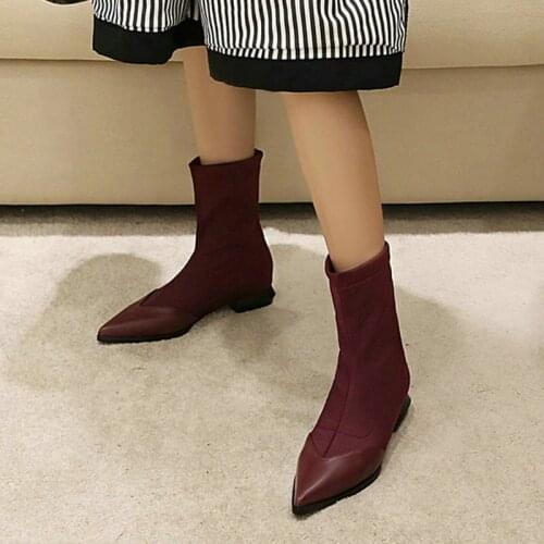 New Mesh Lining Ladies Spring Autumn Mid Calf Boots Stitching Elastic PU Pointed Toe Comfortable Low-Heel Slip On Womens Shoes