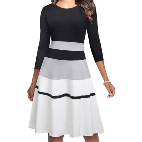 Elegant contrast color striped patchwork swing dress Women casual 3/4 sleeve o-neck high waist midi dress Chic classy vestidos