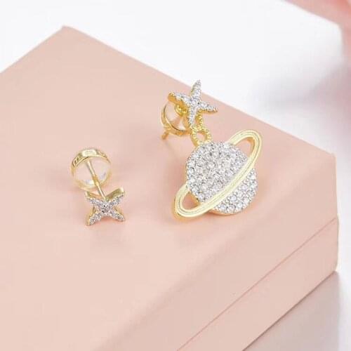 SLJELY Luxury 925 Sterling Silver Star Saturn Earrings Full Inlay Cubic Zirconia Women Gold Color Space Mismatch Jewelry Fine