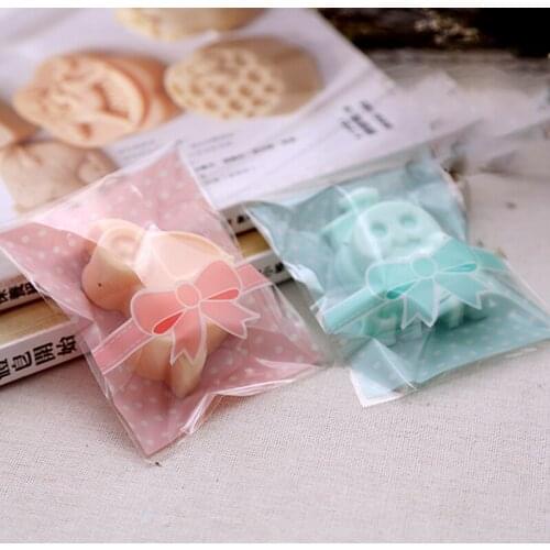 100pcs 8*10+3cm Cookies Bag Lovely Pink Blue Bow Plastic Adhesive Cake Gift Packages Christmas Party Food Snack Bags