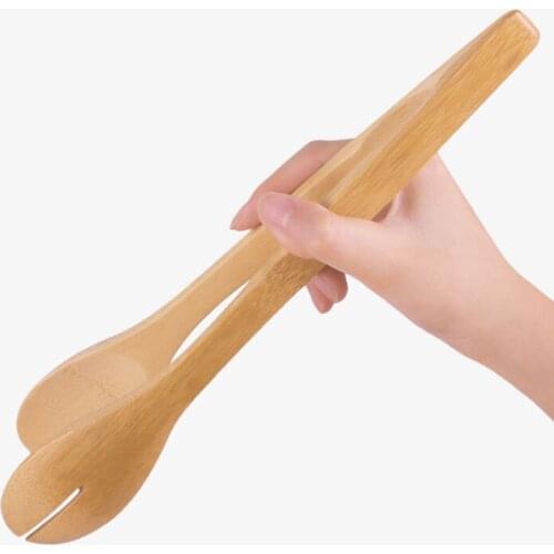 2pc Bamboo salad tongs 30cm long slotted spoons kitchen food serving cake buffet cooking tongs fondue tools nature friendly