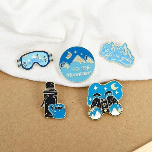 The new cartoon lets go hiking Fantasy starry sky mountains travel enamel brooch telescope water bottle camera stars moon badge