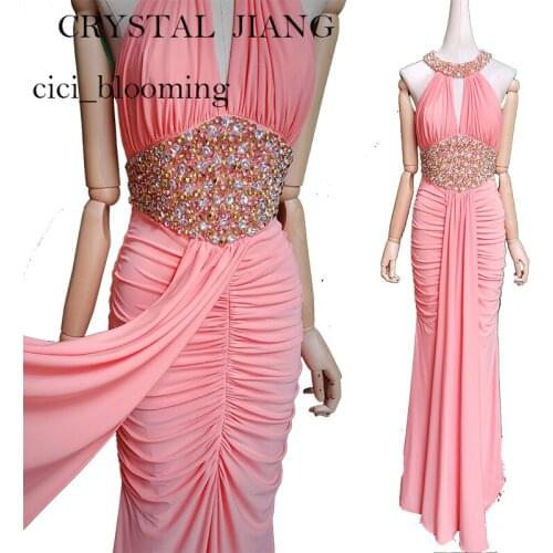 Long Pink Beaded Pleats Dresses Sleeveless Hollow Back Bridesmaid Dress