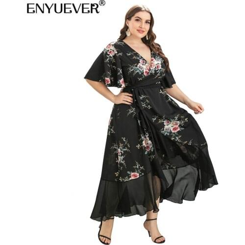 Enyuever Elegant Floral Print Summer Dresses 5XL Plus Size Women Boho Clothing V Neck Ruffle Long Bohemian Party Wrap Dresses