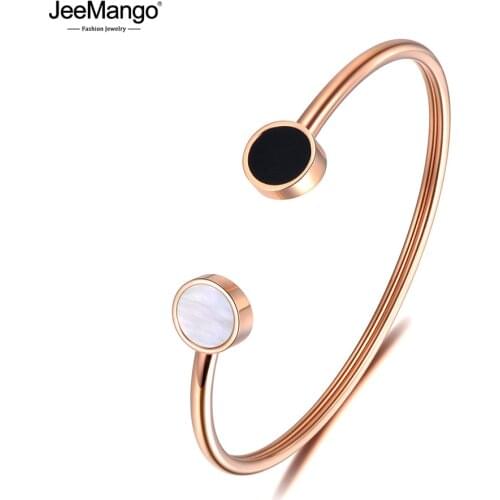 JeeMango Stainless Steel Bangle White & Black Shell Rose Gold Color Bracelet & Bangle Simple Design Chirstmas Gift JB18175