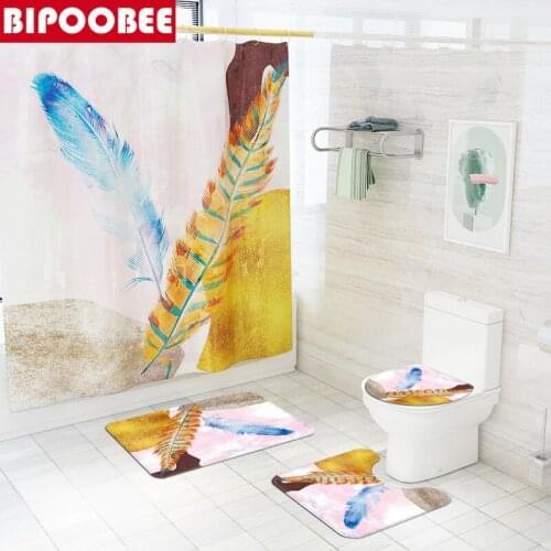 Beautiful Abstract Feathers Shower Curtain Creative Art Home Decor Non-Slip Rug Toilet Lid Cover Bathroom Carpet Bath Mat Set