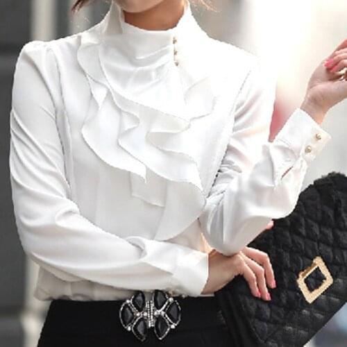 Ruffles Fashion Design Office Lady Shirts Solid Long Sleeve Elegant Women Blouse Autumn Female Blouse