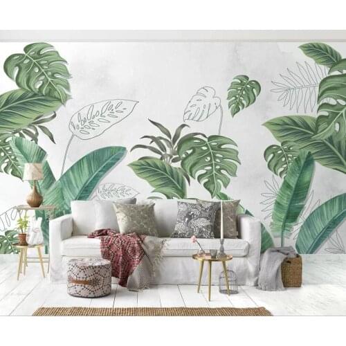 Customized large-scale 3D mural wallpaper fresh Nordic plants hand-painted leaves tropical background wall