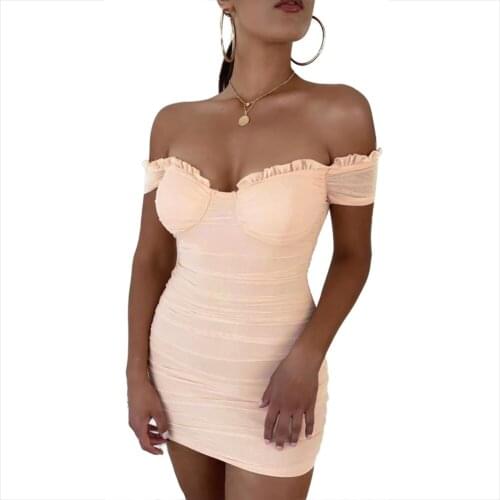 New Arrival 2021 Women Off Shoulder Short Sleeve Elegant Mesh Beige Bandage Dress Bodycon Sexy Party Night Club Dress Dropship