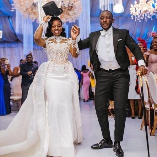 African Plus Size 2023 Satin Wedding Dresses With Detachable Train High Neck Lace Appliqued Long Sleeve Mermaid Bridal Gowns Ves