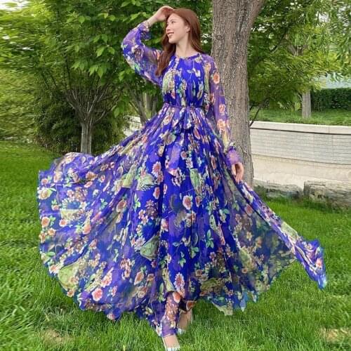Summer Holiday Party Boho Maxi Dress Womens Long Sleeve Chiffon Floral Print Ruffles Loose Elegant Long Dress