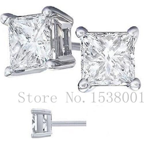 Unisex Princess Cut White Gold Filled Womens Mens Stud Earrings