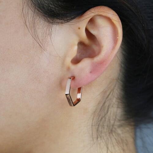 Fashion 925 Sterling Silver Simple Design Geometric Hexagon Hoop High Polished Rose Gold Silver Gold Colors Simple Earring Gifts