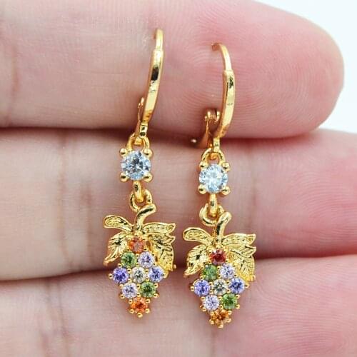 Gold Color Women Fashion Multicolor Zircon CZ Fruit Grape Dangle Earrings Jewelry