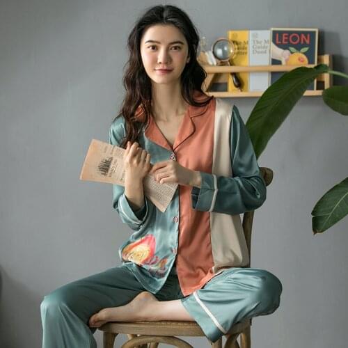 Ice and Snow Silk Pajamas Women Spring and Autumn Long-sleeved Suit Autumn and Winter Printing Comfortable Cardigan Home Service