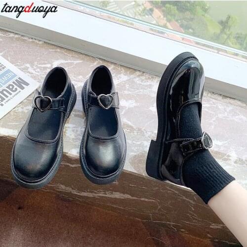 Japanese School Girl Lolita Shoes cute Heart Buckle Women Mary Janes Shoes Patent Leather Casual Shoes Girls Black women shoes