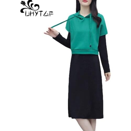 UHYTGF Cute Girl Spring Two-Piece Set Fashion Hooded Pullover Sweatshirt Tops Long-Sleeved Base Dress Plus Size Suit Female 1988