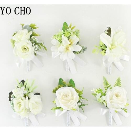 YO CHO Boutonniere Groomsman Wedding Silk Roses white Bridesmaid wrist Bracelets Flowers Buttonhole Wedding Accessories