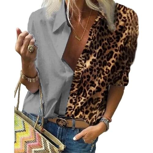 Office Lady Long Sleeve Leopard Patchwork Color Block Shirt Women Chiffon Blouse Casual Plus Size Tops