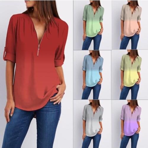 Women Chiffon Blouse Casual V Neck Zipper Shirts Autumn Long Sleeve Gradient Blouses Female Tops Plus Size