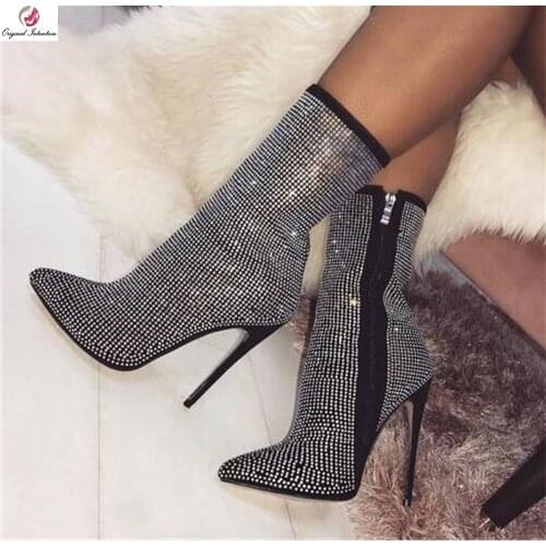 Original Intention Fashion All Seuqins Mid-Calf High Boots Woman Sexy Pointed Toe Thin High Heel Gorgeous Short Boots Female