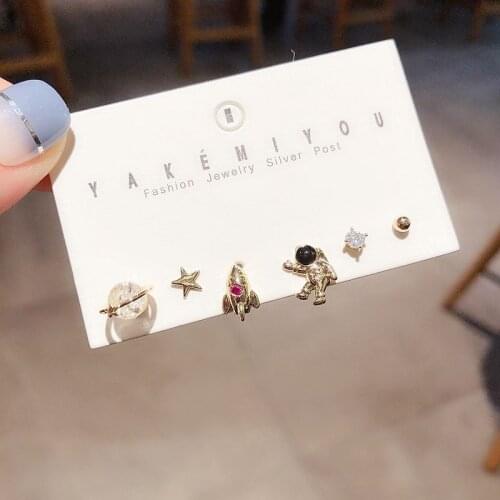 BUDROVKY Exquisite 3 Pairs Cubic Zircon Outer Space Craft Star Stud Earrings for Women Gold Color Studs Jewelry