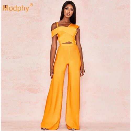 2019 Autumn New Sexy Orange Womens Bandage Set Sleeveless Top & Wide Leg Pants 2 Two-piece Bodycon Celebrity Party Set Jumpsuit