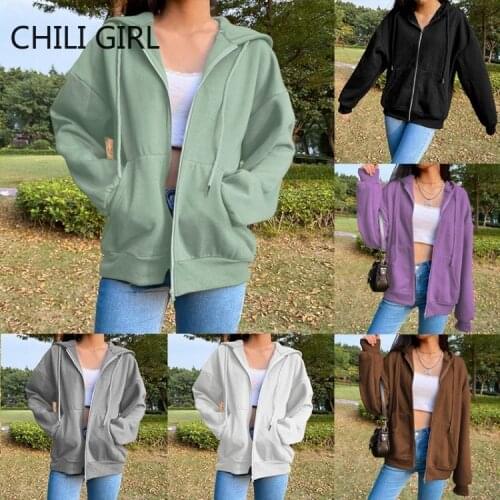 2021 Brown Hoodie Pocket Jacket Harajuku Clothing Femme Grunge Hooded Zipper Top Oversized Hoodies WomenS Sweatshirts