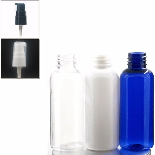 50ml empty round blue/white/clear plastic pet bottle with white/black/transparent treatment pump lotion head plastic bottle X 5