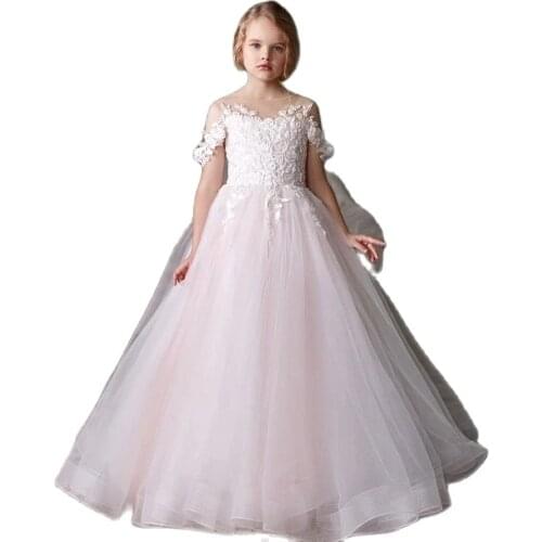 White Flower Girl Dress 2021 Pearl Lace Princess Dress For Girl Short Sleeve First Communion Dresses